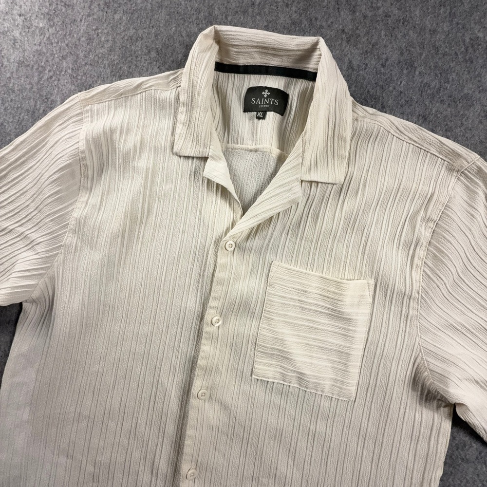 Saints Studio Mens XL Cream Textured Crinkle Short Sleeve Camp Collar Shirt